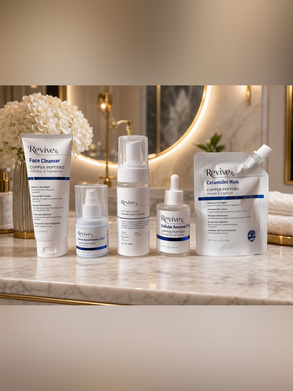ReviveRx Copper Peptides 5-Piece Skincare Set | Cleanser, Serum, Cream & Mask